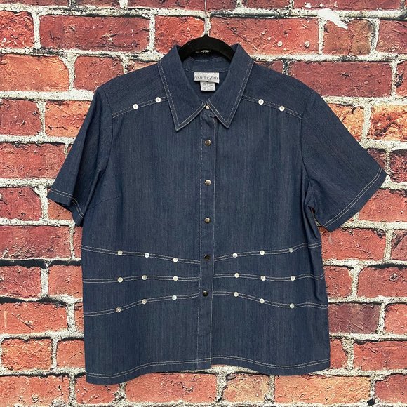 Coastal Grandma Vintage Vanity Fair Women Snap Button Shirt Size 16 XL Denim - Picture 1 of 9